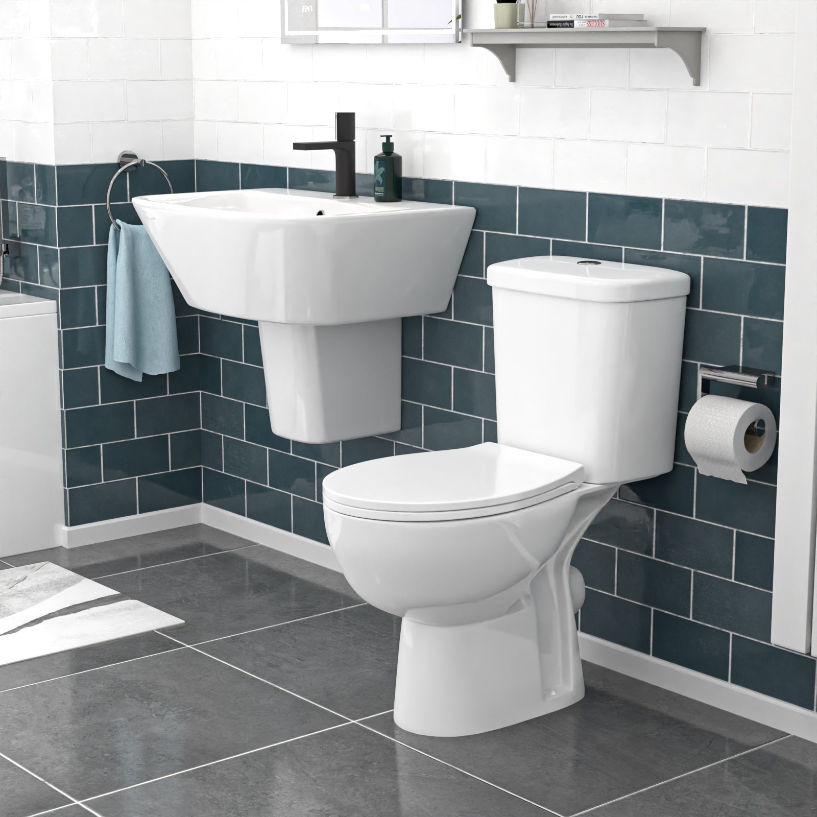 550mm Semi Pedestal Basin White & Close Coupled Toilet
