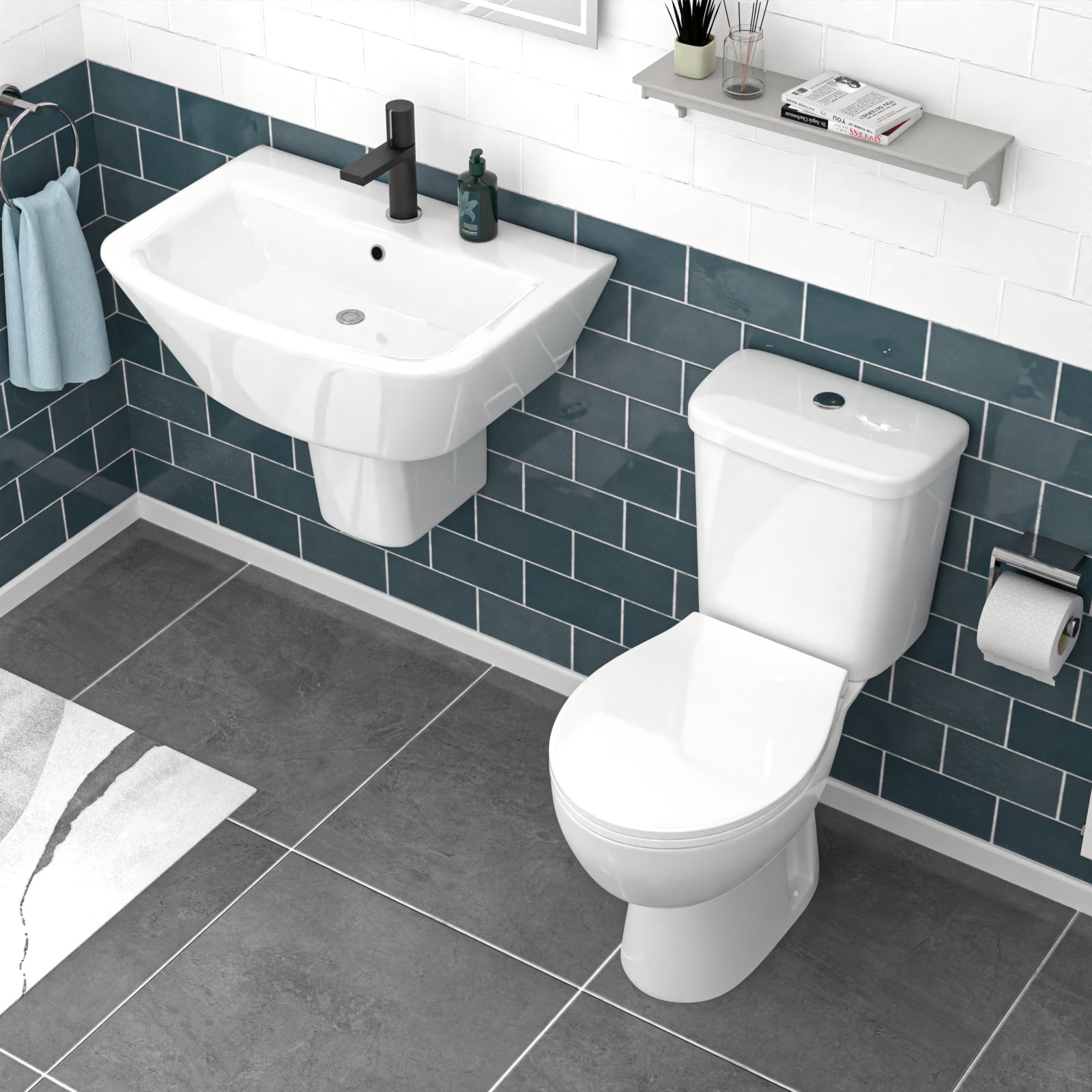 550mm Semi Pedestal Basin White & Close Coupled Toilet