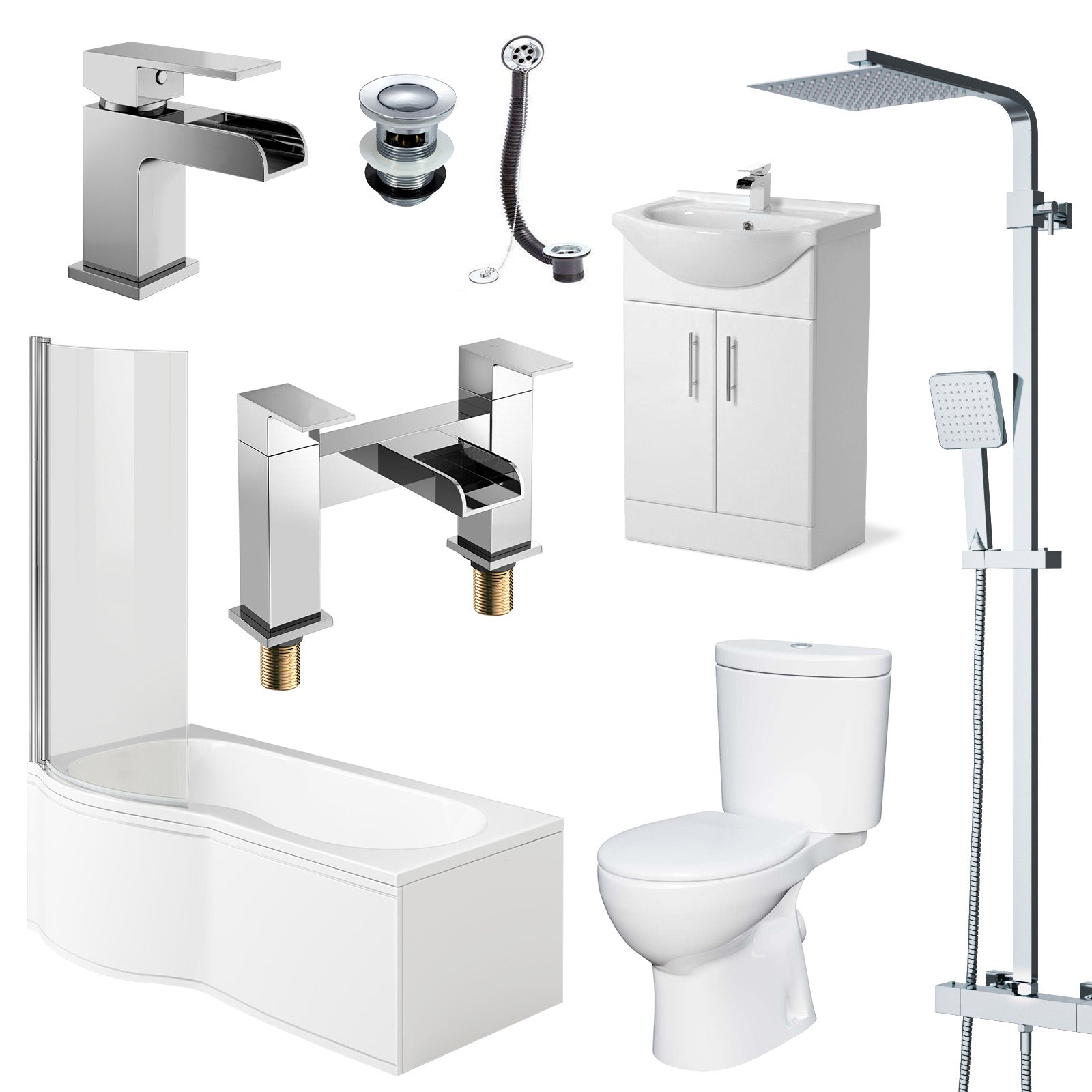Senore White 1700mm Left Hand P-Shaped Bath, Basin Vanity & Toilet, Mixer Shower With Tap Waste Set