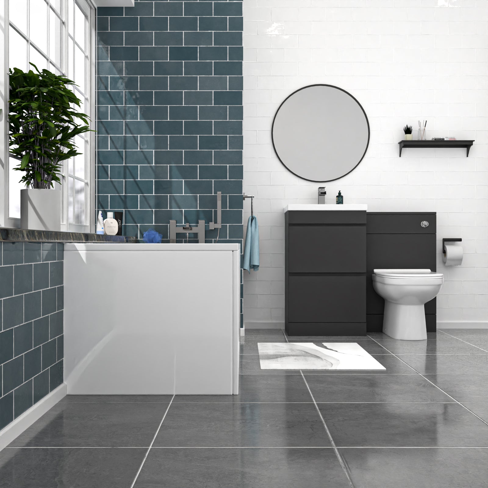 Dark Grey 500mm PVC 2 Drawers Vanity WC Unit BTW Toilet and Bath Set