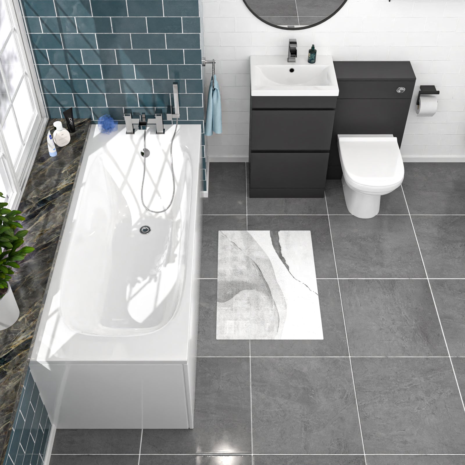 Alaska Dark Grey 500mm PVC 2 Drawers Vanity WC Unit BTW Toilet and Bath Set