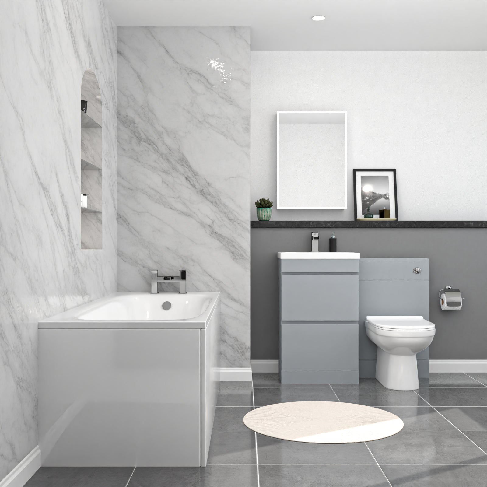 Alaska Matte Grey 500mm Waterproof PVC Freestanding 2 Drawer Vanity WC Unit, BTW Toilet and Bath Set