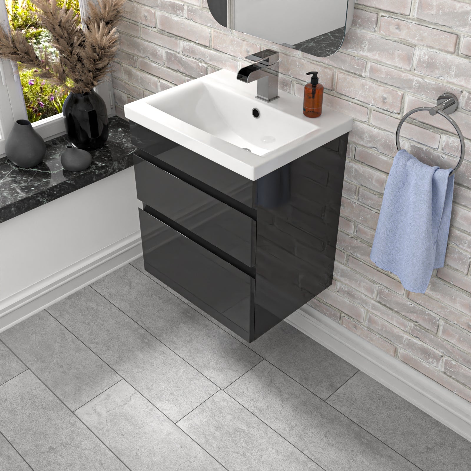 Alaska 500mm PVC 2 Drawers Dark Grey Wall Hung Vanity Cabinet and Basin