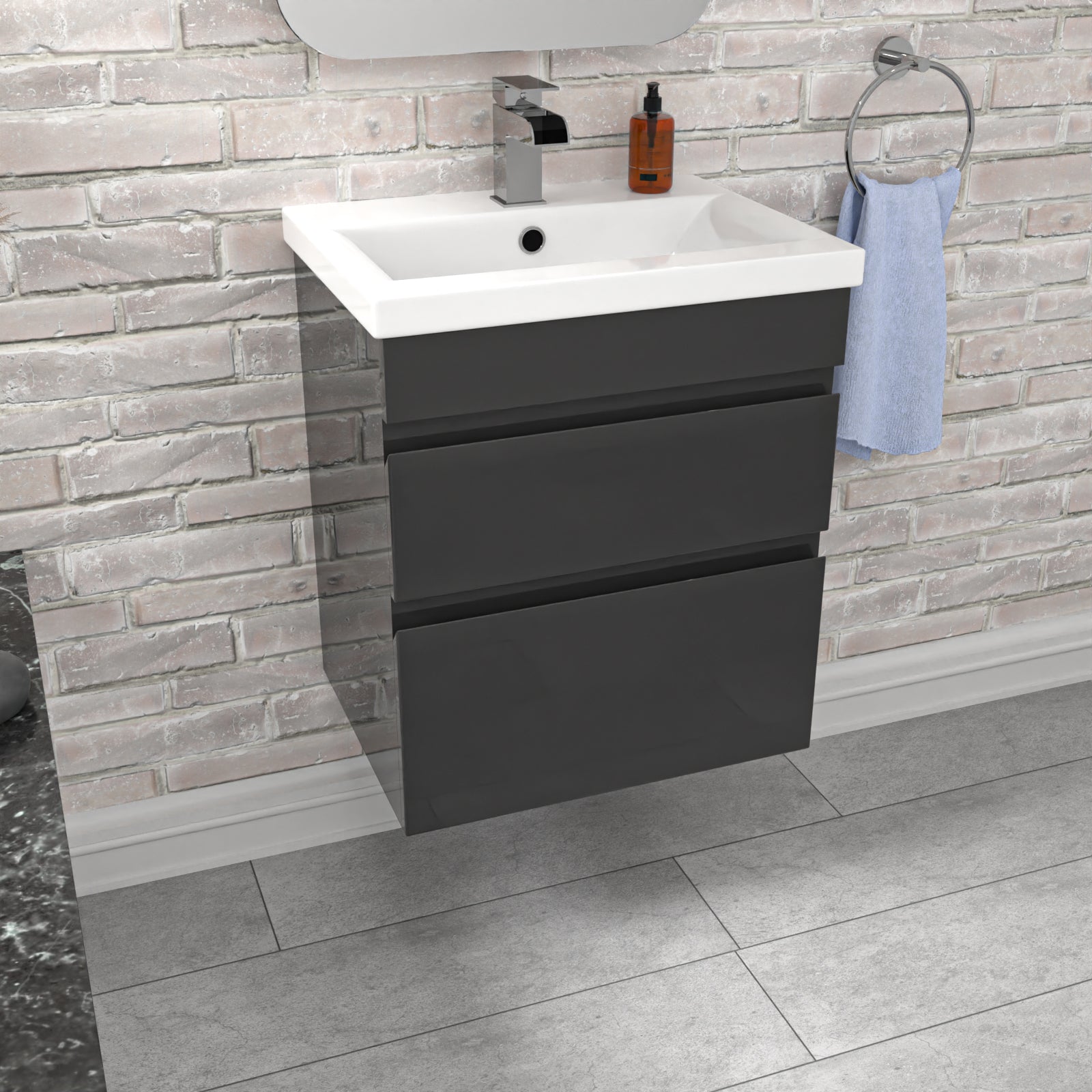 Alaska 500mm PVC 2 Drawers Dark Grey Wall Hung Vanity Cabinet and Basin