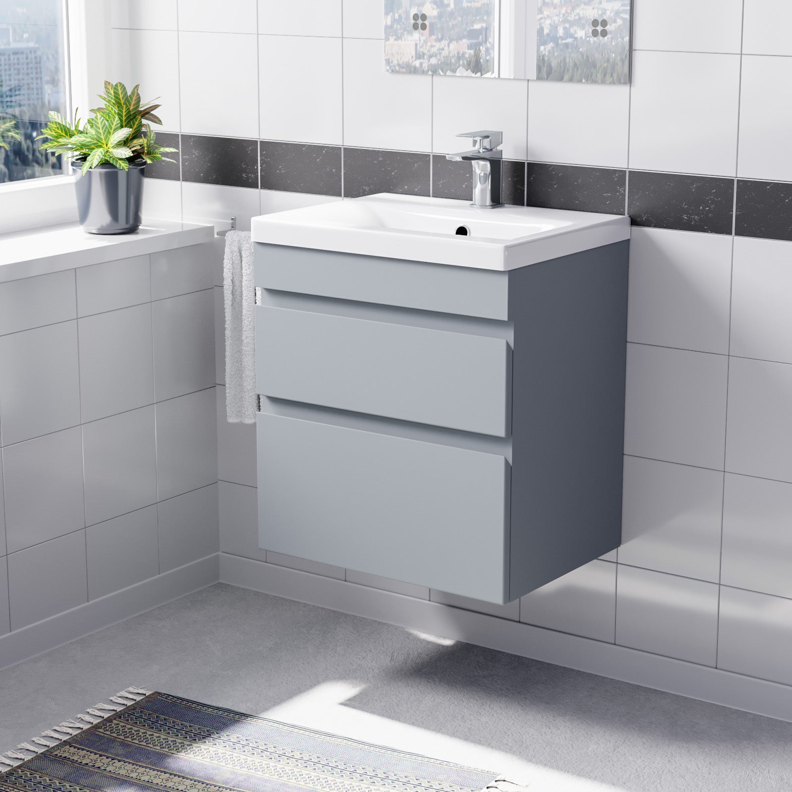 Wall Hung Matte Grey 500mm PVC 2 Drawers Vanity Unit & Basin Sink