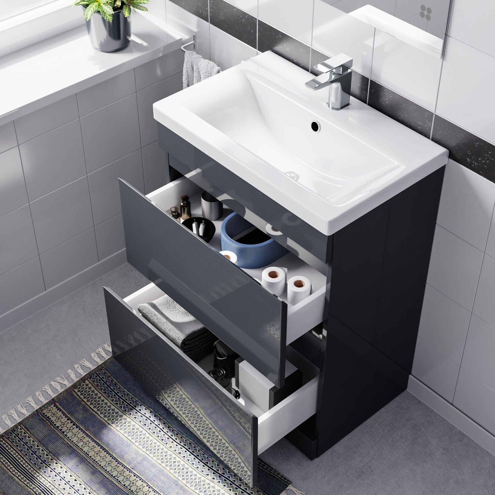 Alaska 600mm PVC 2 Drawer Dark Grey Floorstanding Vanity Cabinet and Basin
