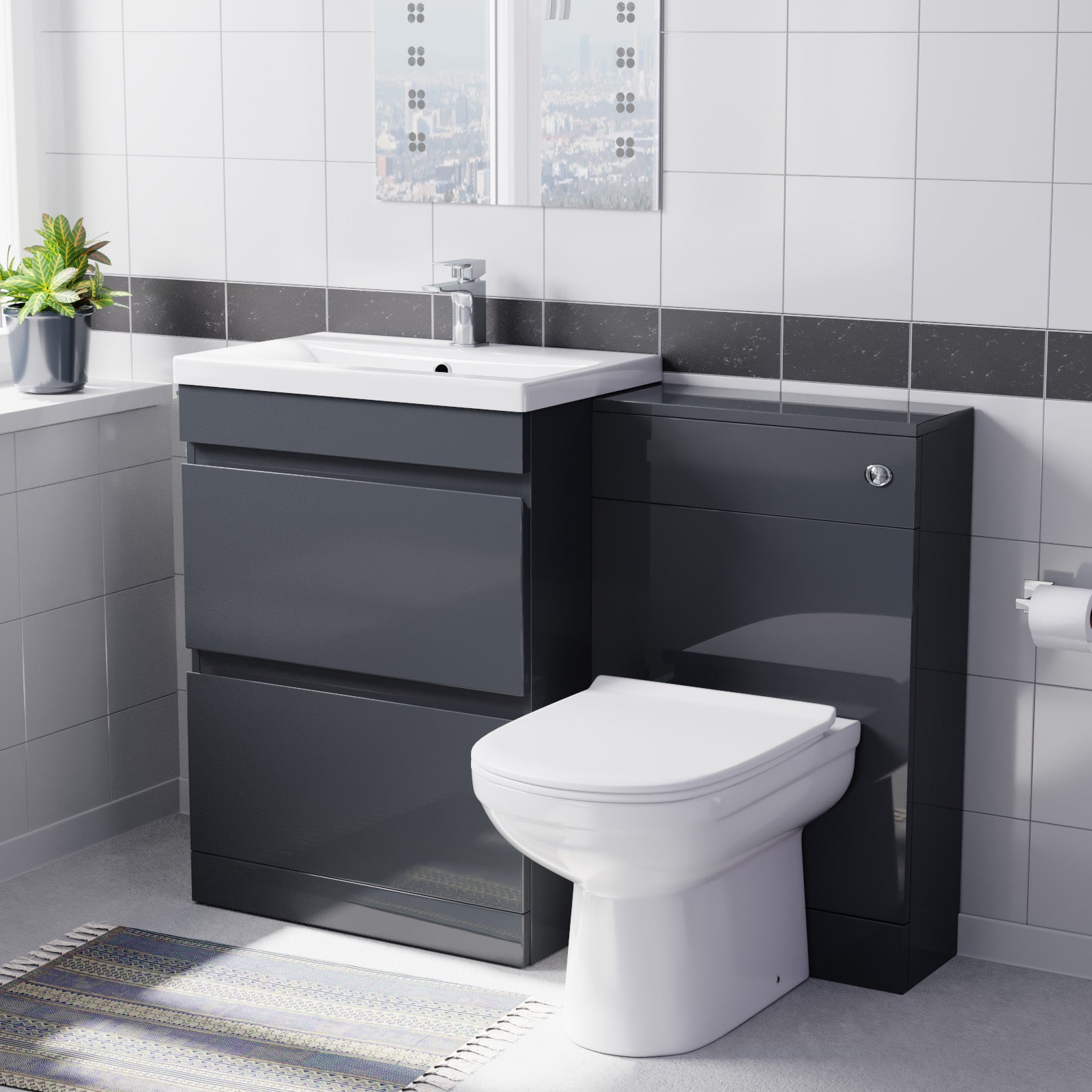 Dark Grey Freestanding PVC 600mm Vanity, WC Unit & BTW Toilet