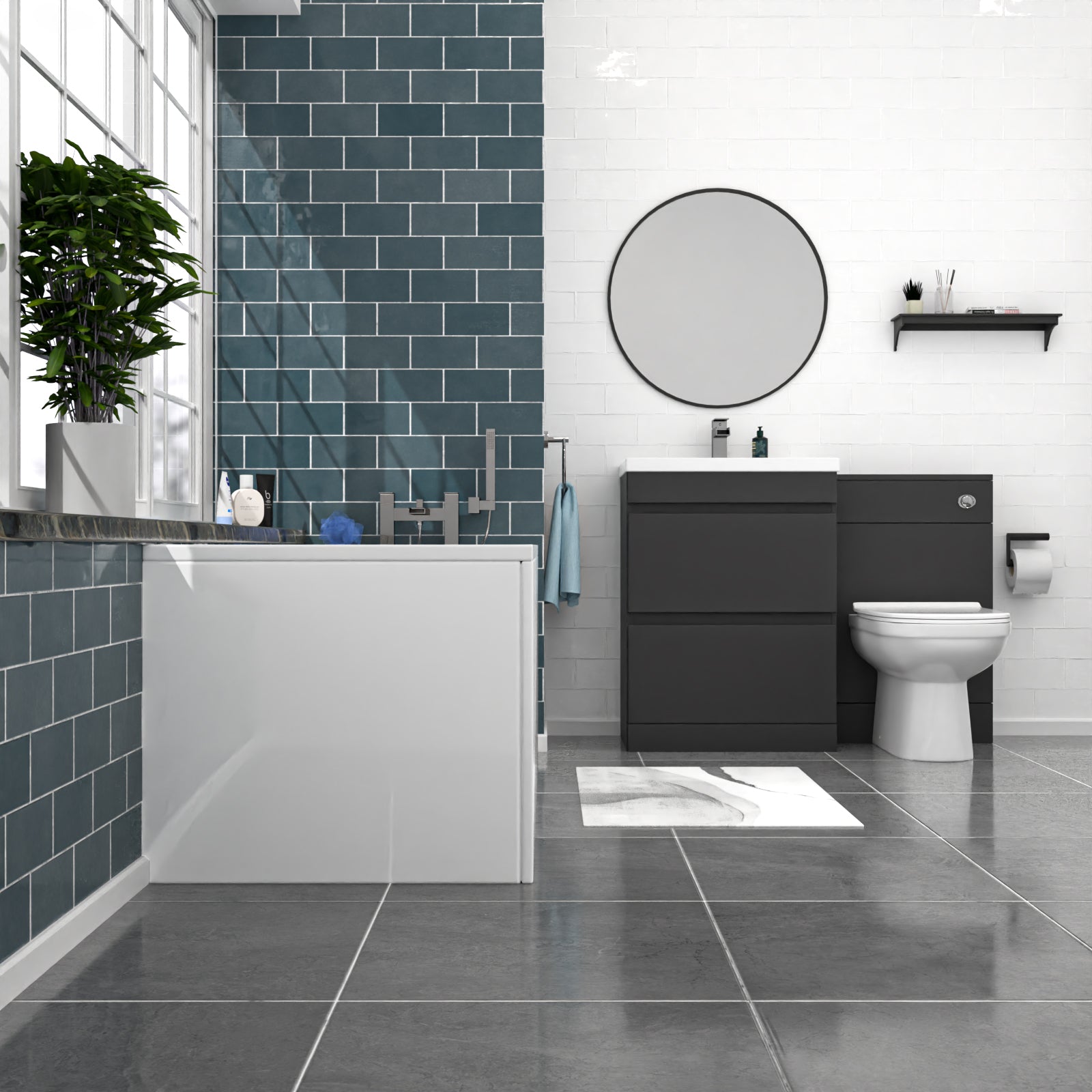 Dark Grey 600mm PVC 2 Drawers Vanity WC Unit BTW Toilet and Bath Set