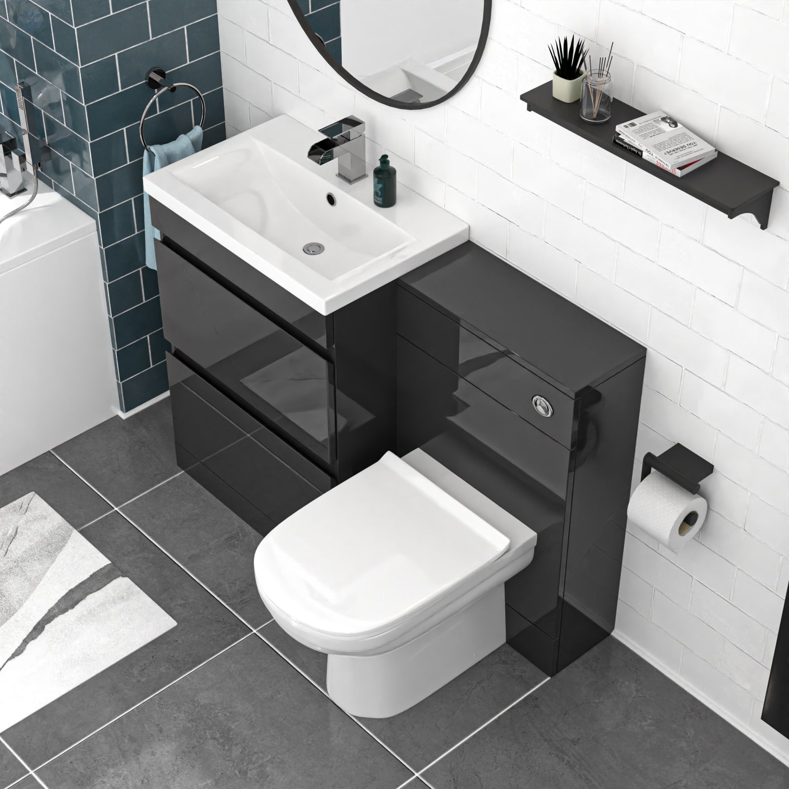 Alaska Dark Grey 600mm PVC 2 Drawers Vanity WC Unit BTW Toilet and Bath Set