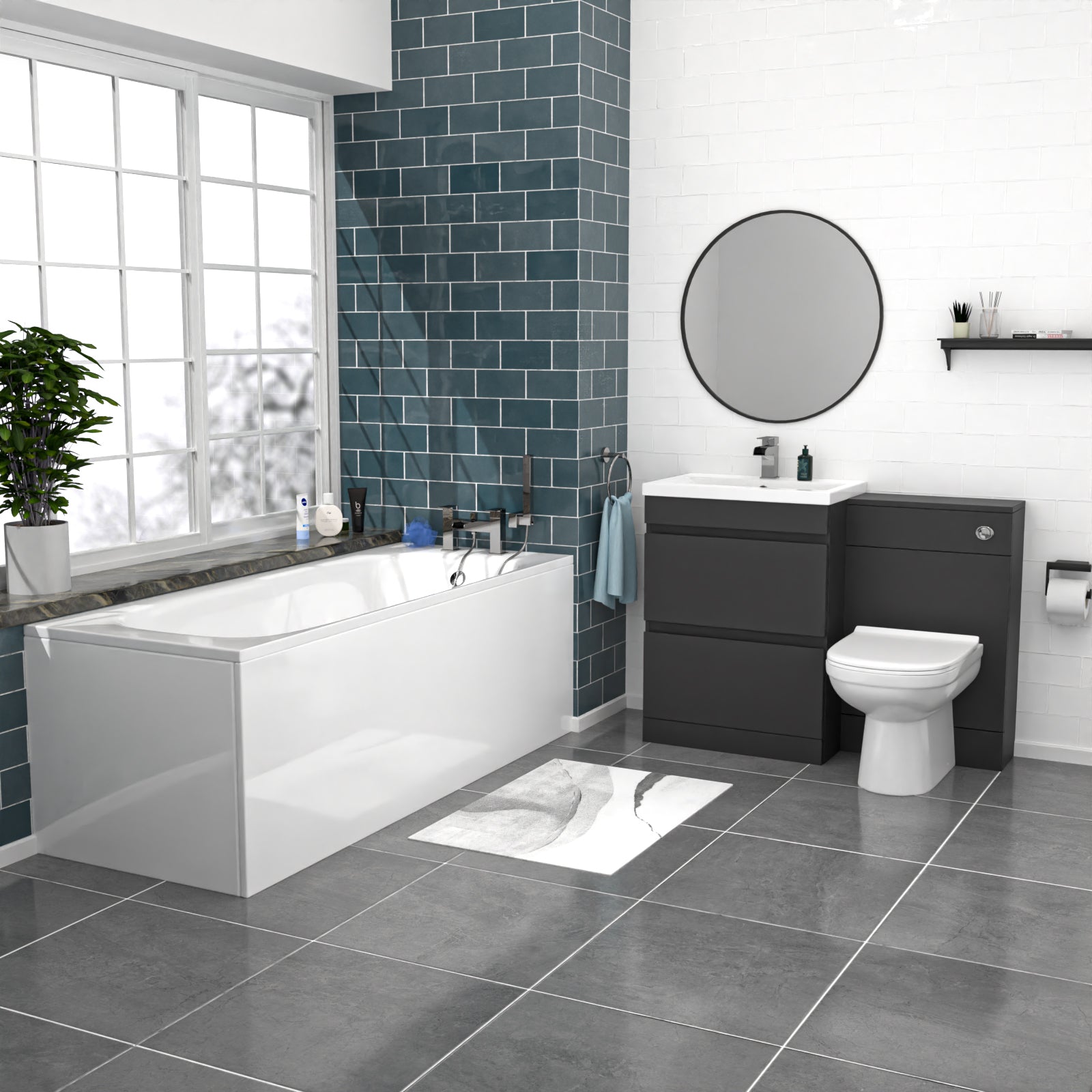 Dark Grey 600mm PVC 2 Drawers Vanity WC Unit BTW Toilet and Bath Set
