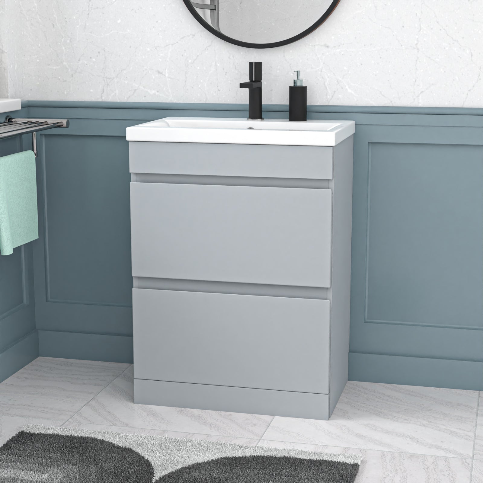 Alaska Matte Grey 600mm PVC 2 Drawer Floorstanding Vanity Cabinet and Basin