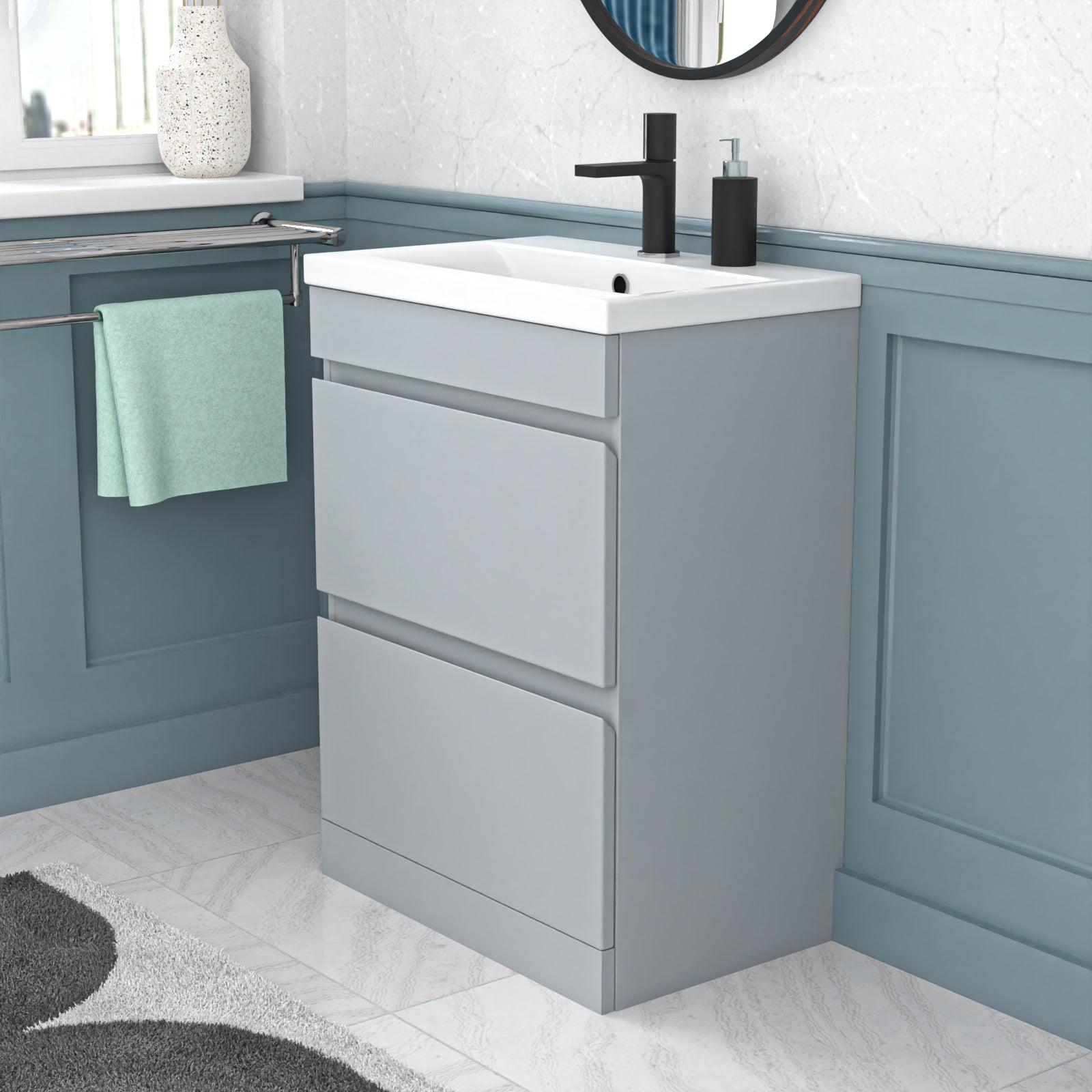 Alaska Matte Grey 600mm PVC 2 Drawer Floorstanding Vanity Cabinet and Basin