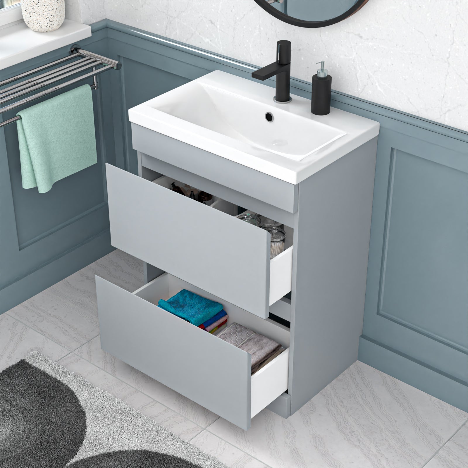 Alaska Matte Grey 600mm PVC 2 Drawer Floorstanding Vanity Cabinet and Basin