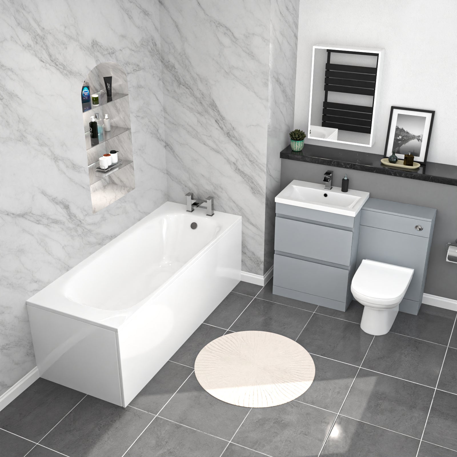 Alaska Matte Grey 600mm PVC 2 Drawers Vanity WC Unit BTW Toilet and Bath Set