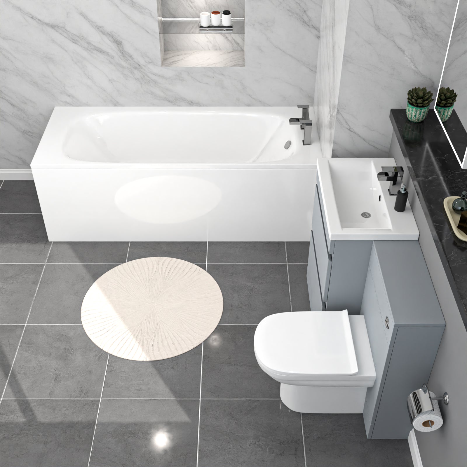 Alaska Matte Grey 600mm PVC 2 Drawers Vanity WC Unit BTW Toilet and Bath Set