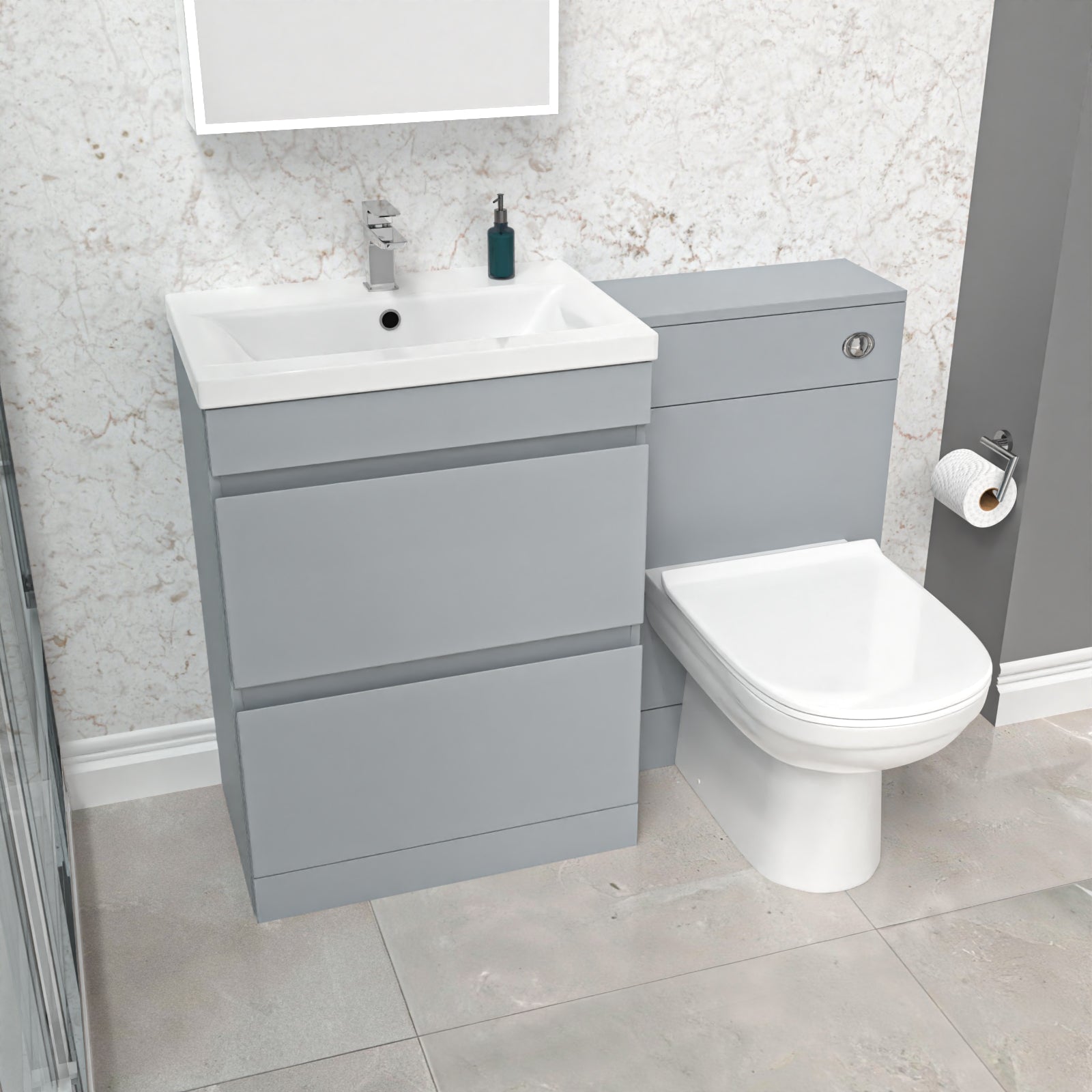 Alaska Matte Grey Freestanding PVC 600mm 2 Drawers Vanity & WC Unit & BTW Toilet