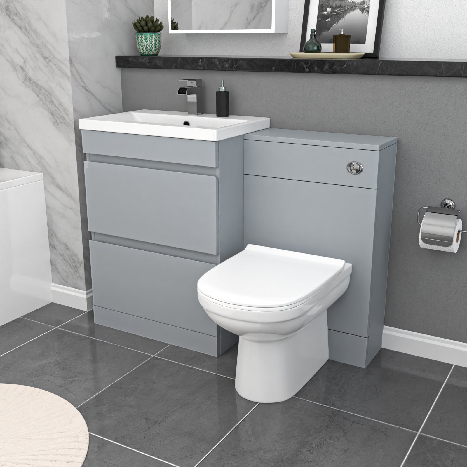 Alaska Matte Grey 600mm PVC 2 Drawers Vanity WC Unit BTW Toilet and Bath Set