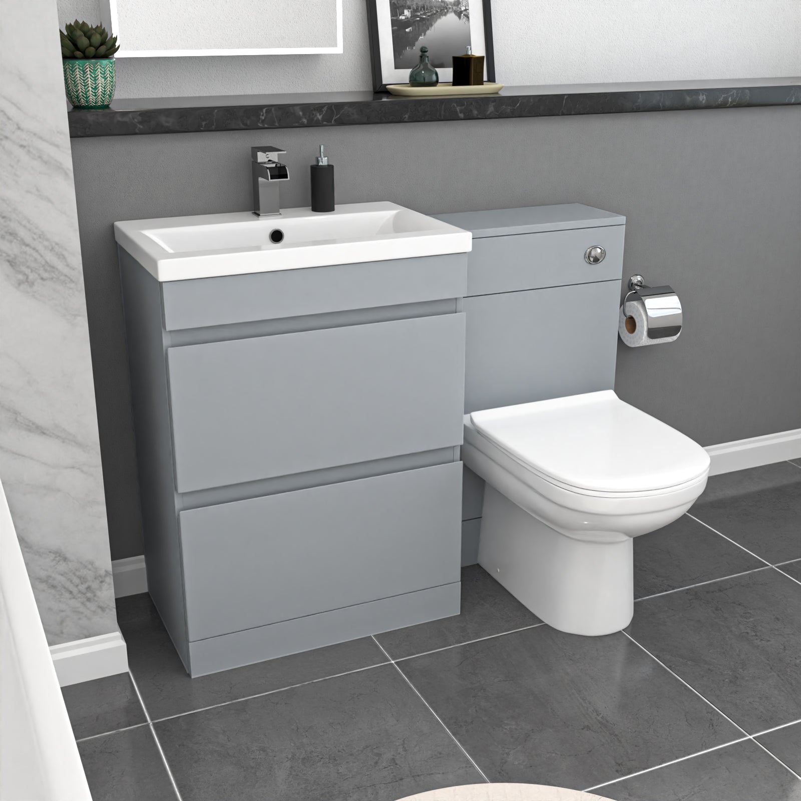Alaska Matte Grey 600mm PVC 2 Drawers Vanity WC Unit BTW Toilet and Bath Set