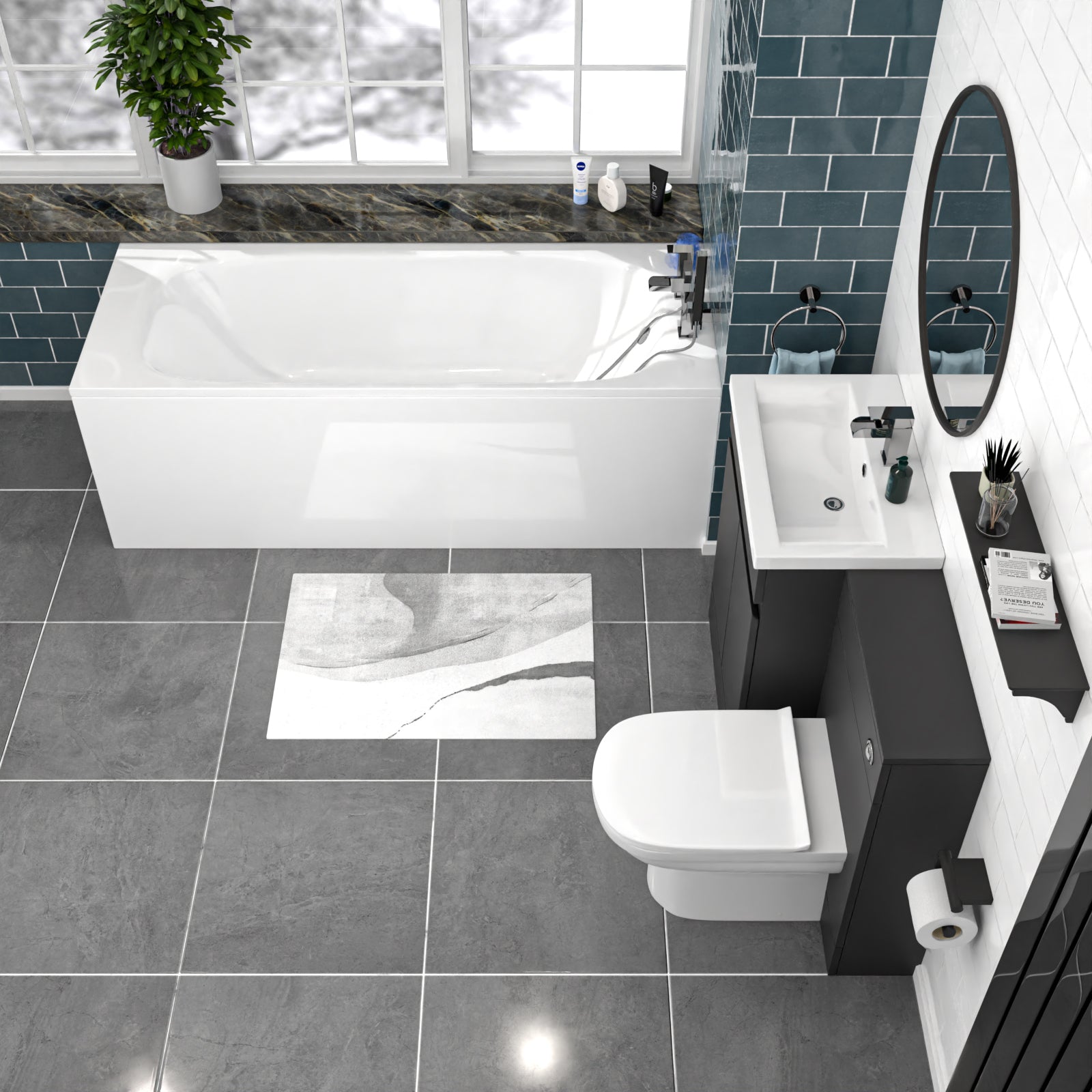 Alaska Dark Grey 600mm PVC 2 Doors Vanity WC Unit BTW Toilet and Bath Set