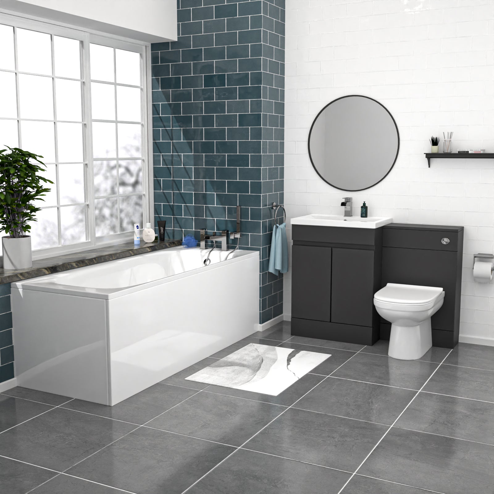 Dark Grey 600mm PVC 2 Doors Vanity WC Unit BTW Toilet and Bath Set