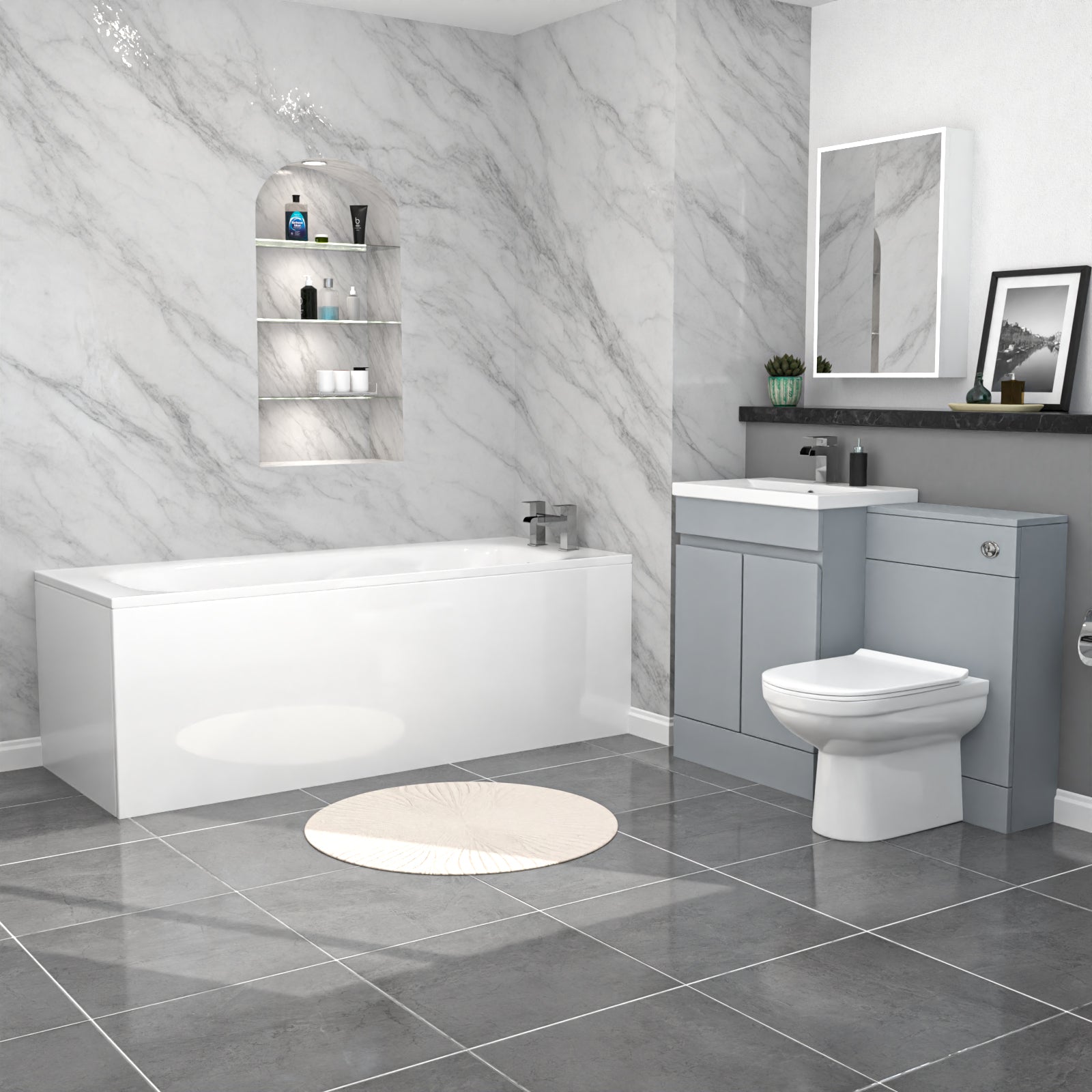 Alaska Matte Grey Freestanding PVC 600mm Vanity, WC Unit, BTW Toilet & Bath
