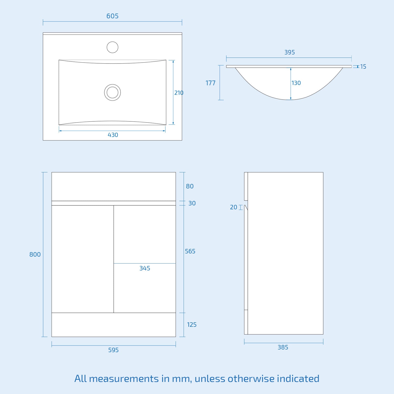 White 600mm PVC Freestanding Bathroom Slim Basin Vanity Unit