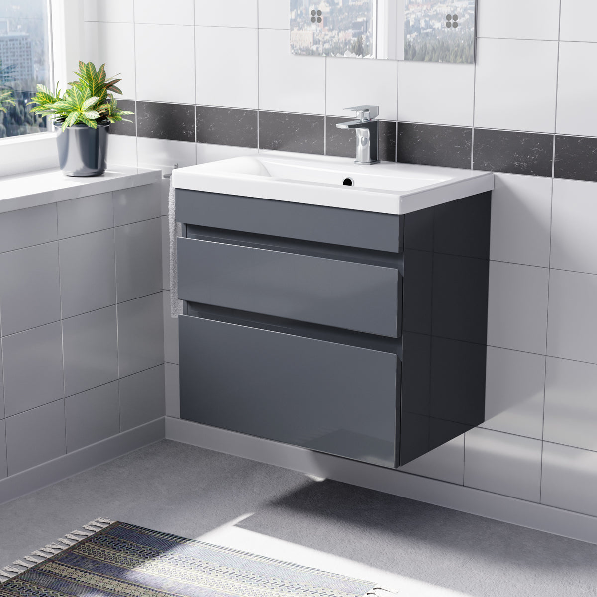 Alaska Anthracite 600mm Waterproof PVC Wall Hung 2 Drawer Basin Vanity Unit