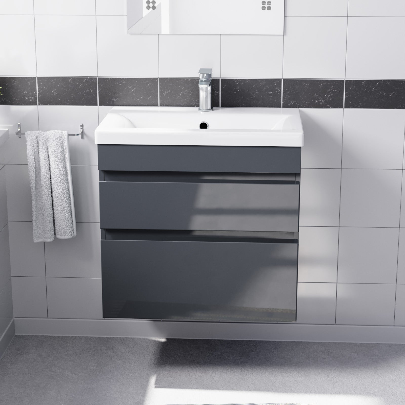 Dark Grey 600mm PVC 2 Drawer Wall Hung Vanity Cabinet & Basin Sink Unit