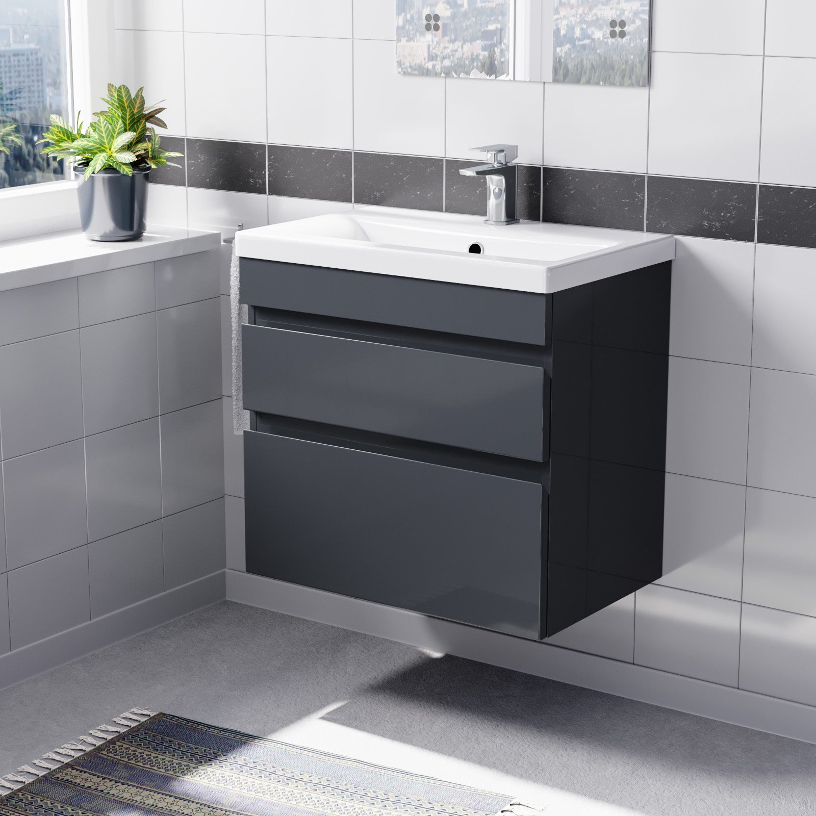 Dark Grey 600mm PVC 2 Drawer Wall Hung Vanity Cabinet & Basin Sink Unit