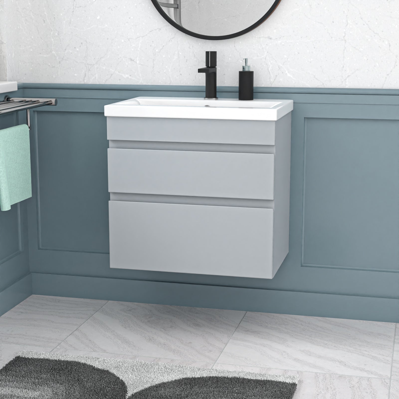 Alaska Matt Grey 600mm PVC 2 Drawer Wall Hung Vanity Cabinet and Basin Sink Unit
