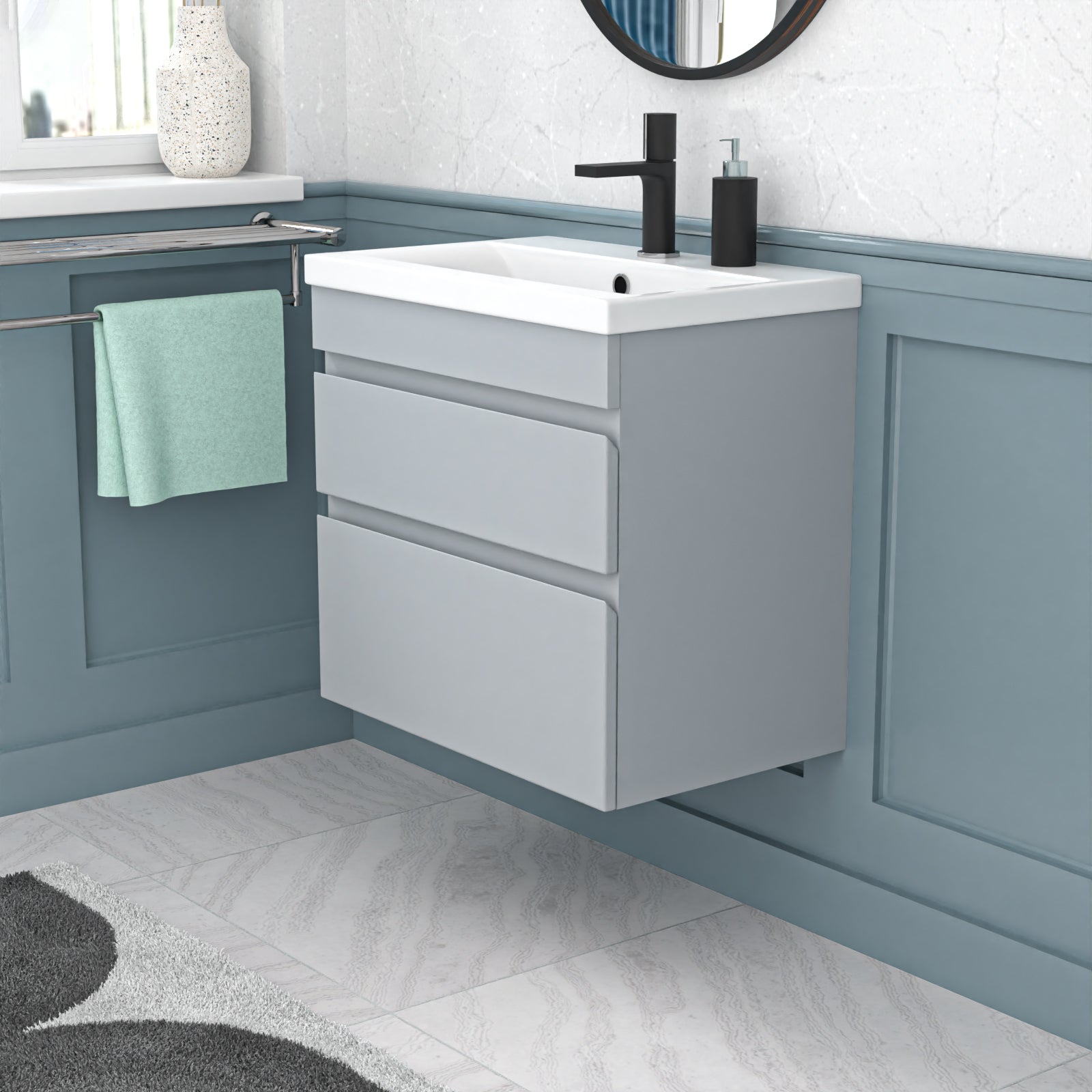 Alaska Matt Grey 600mm PVC 2 Drawer Wall Hung Vanity Cabinet and Basin Sink Unit