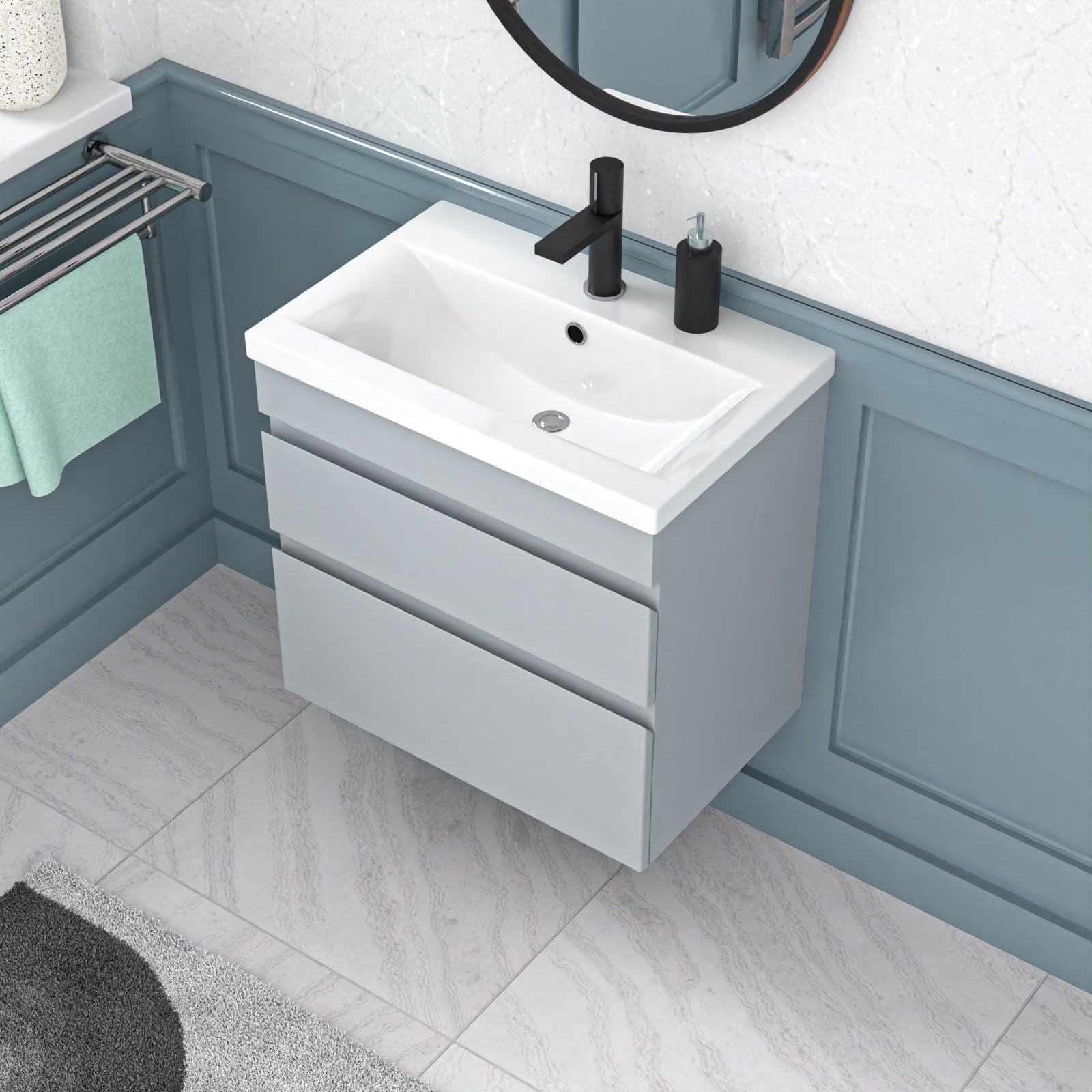 Alaska Matt Grey 600mm PVC 2 Drawer Wall Hung Vanity Cabinet and Basin Sink Unit