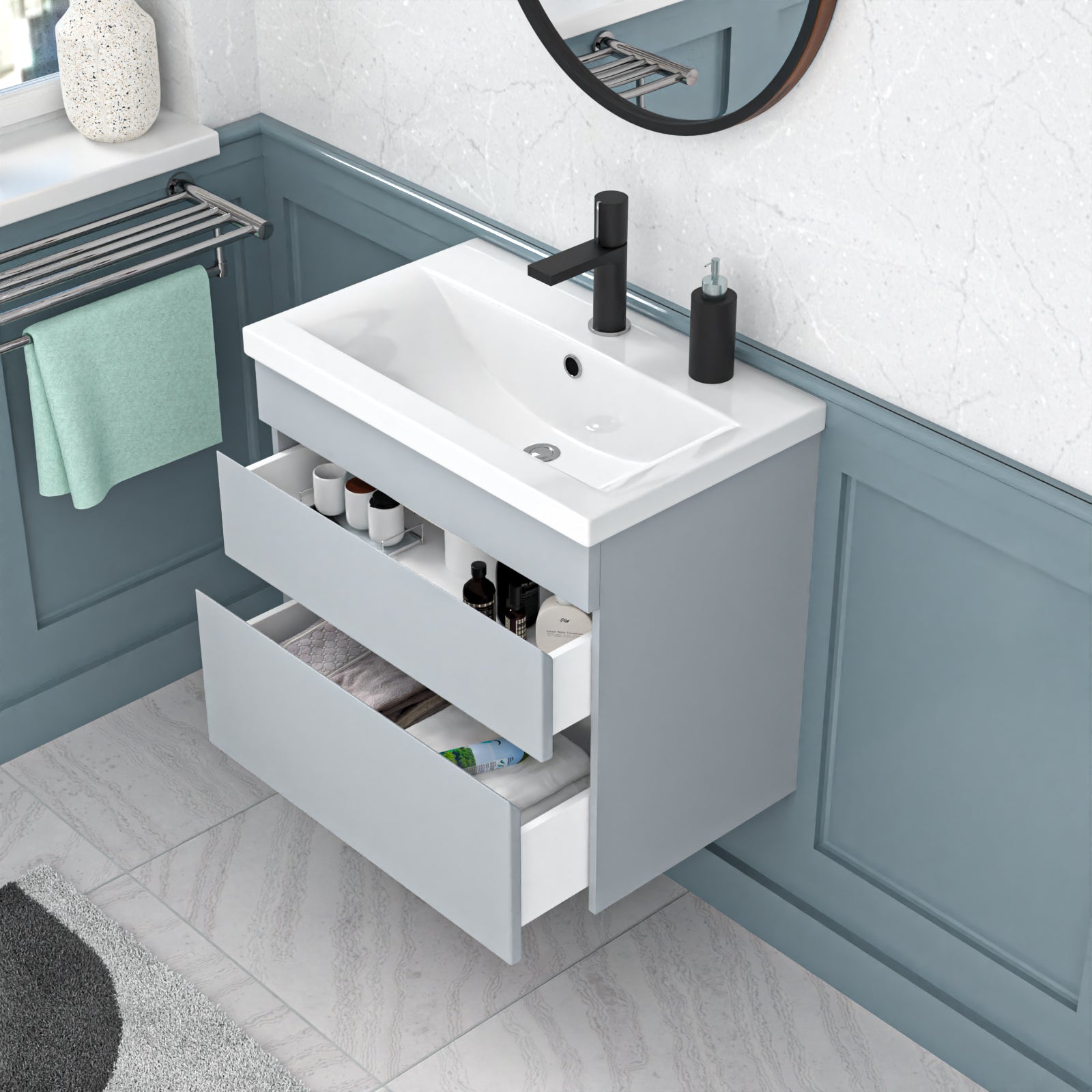 Alaska Matt Grey 600mm PVC 2 Drawer Wall Hung Vanity Cabinet and Basin Sink Unit