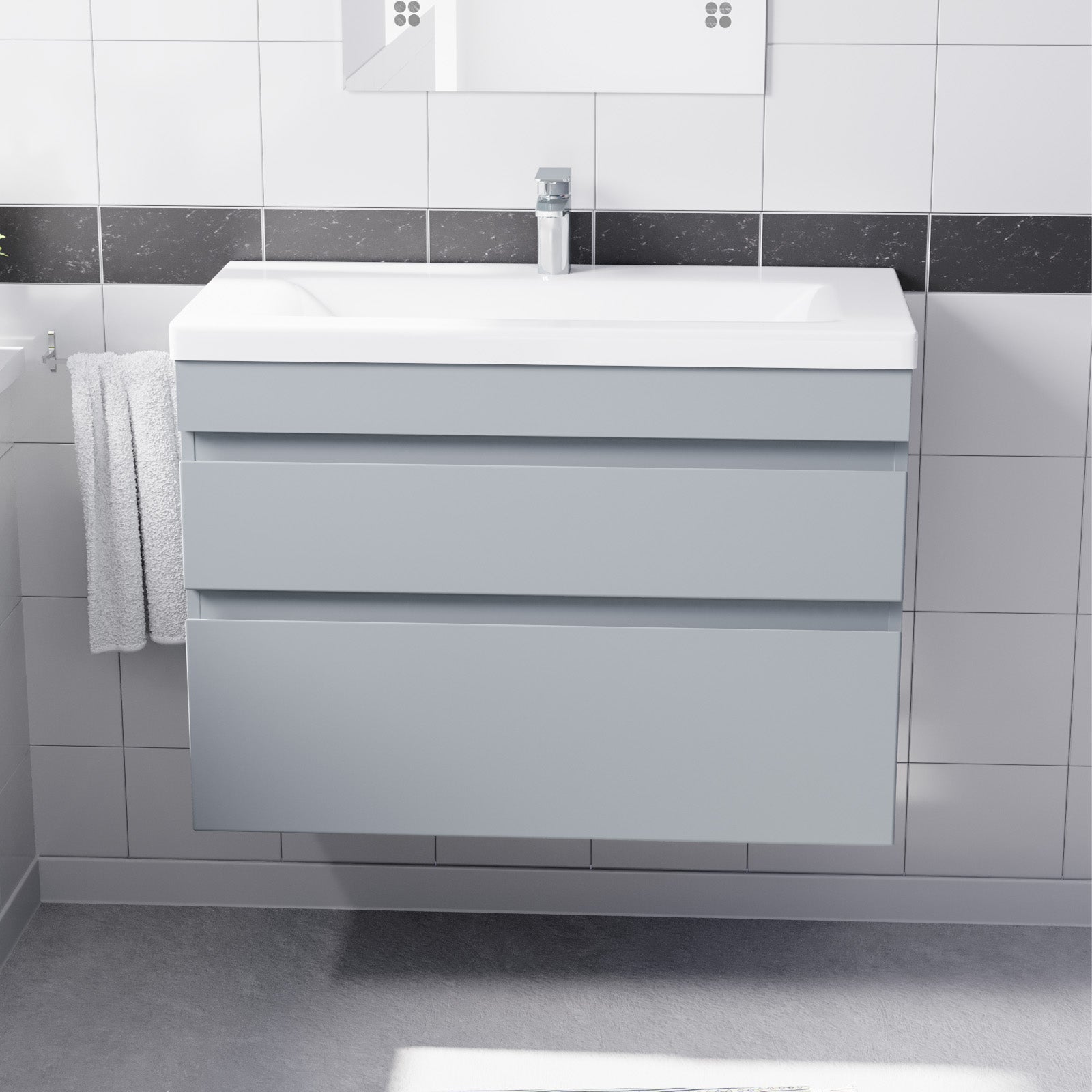 Wall Hung Matte Grey 800mm PVC 2 Drawers Vanity Unit & Basin Sink