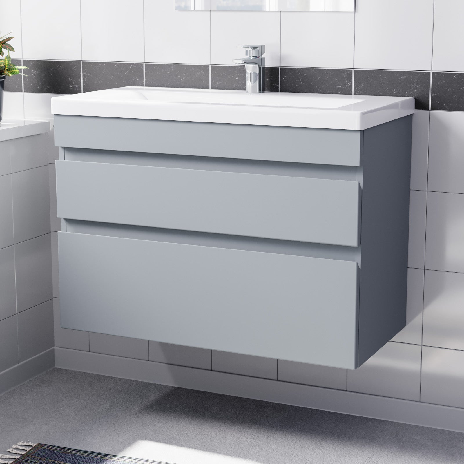 Wall Hung Matte Grey 800mm PVC 2 Drawers Vanity Unit & Basin Sink