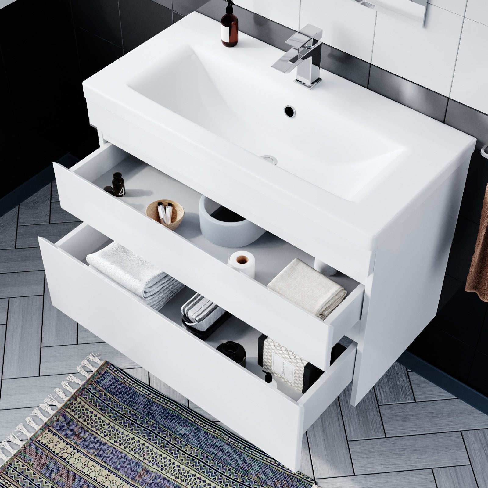 White 800mm PVC 2 Drawer Wall Hung Vanity Cabinet and Basin Sink Unit