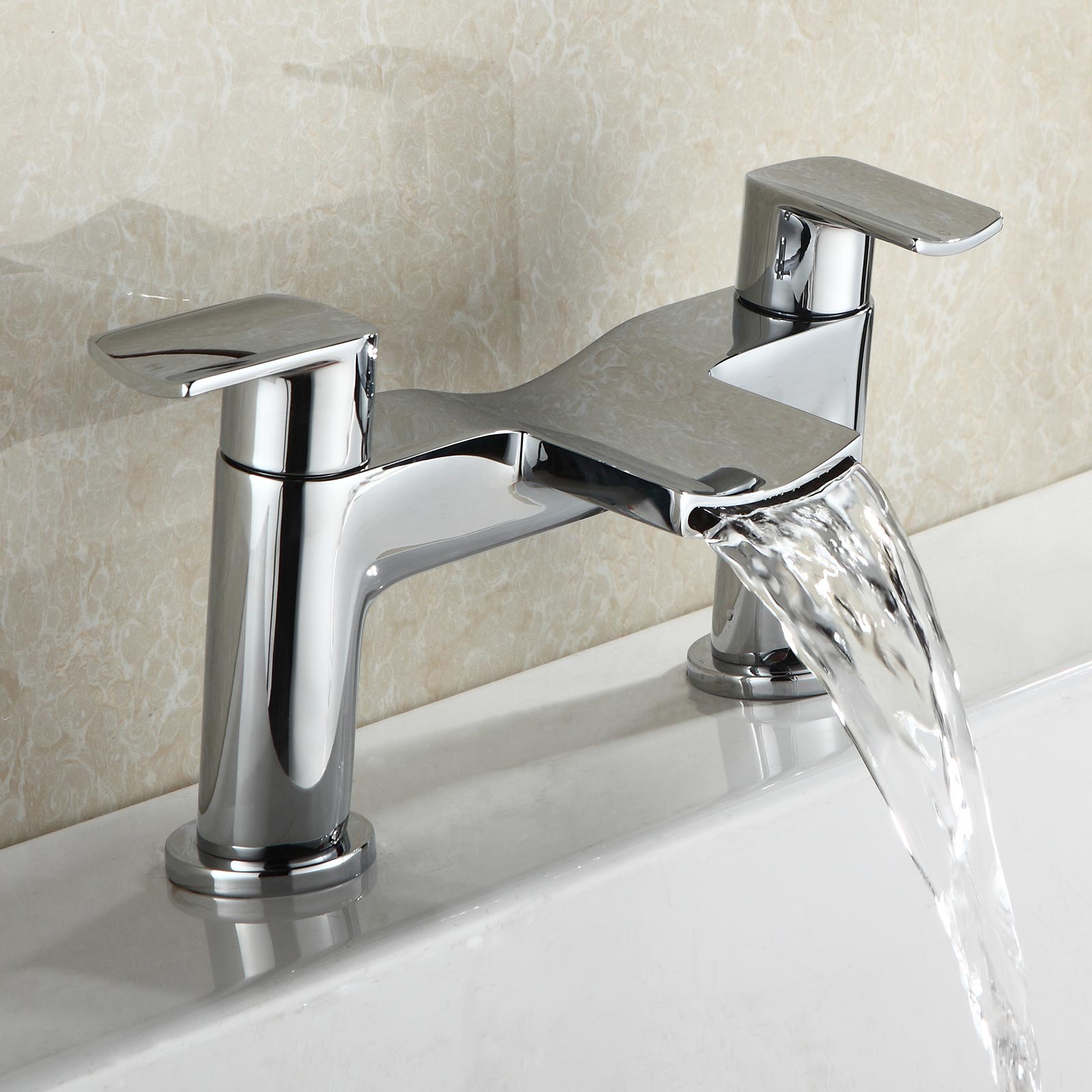 Centa Modern Waterfall Bathroom Basin Sink Mixer Tap & Deck Mounted Bath Filler Tap + Free Basin Waste