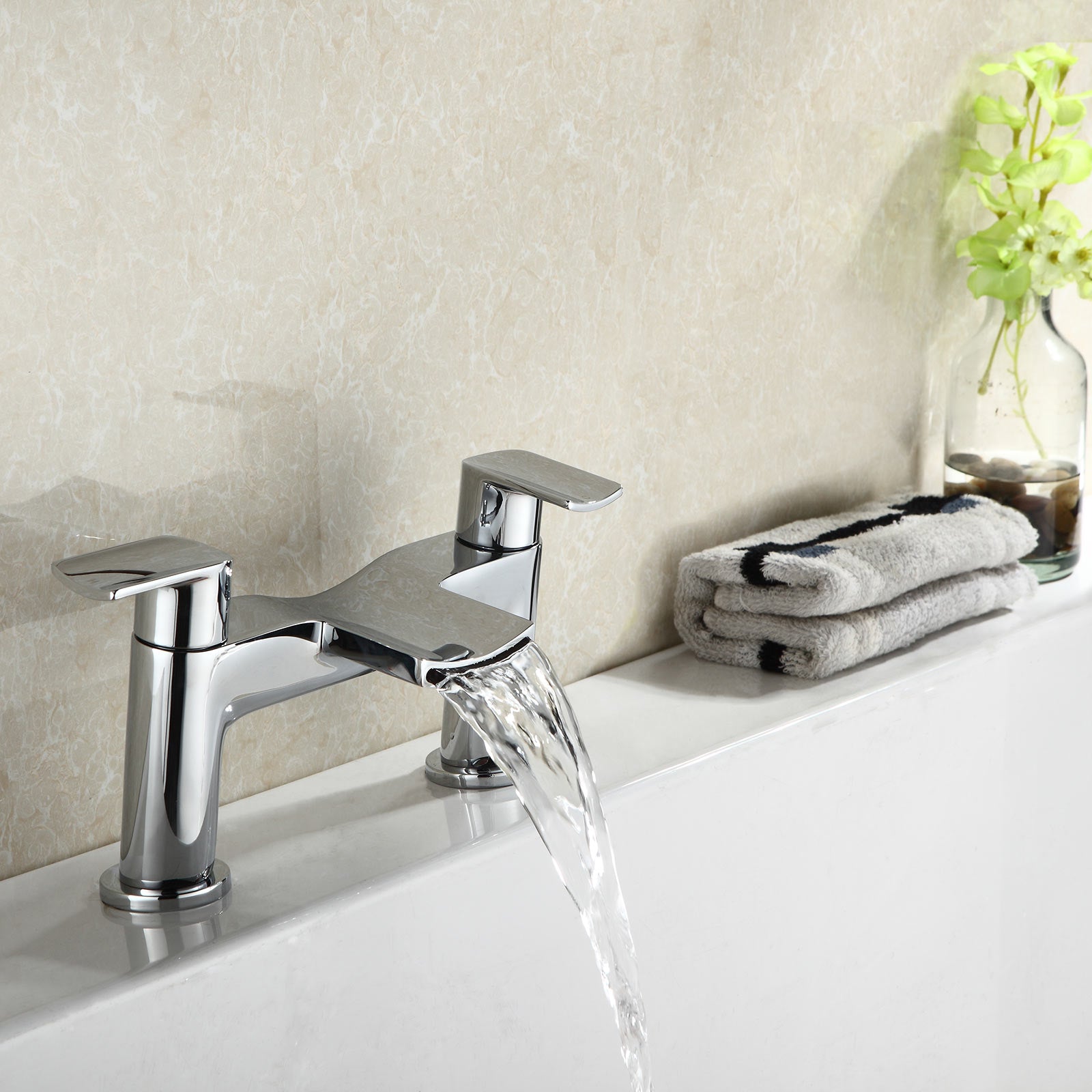 Centa Modern Waterfall Bathroom Basin Sink Mixer Tap & Deck Mounted Bath Filler Tap + Free Basin Waste