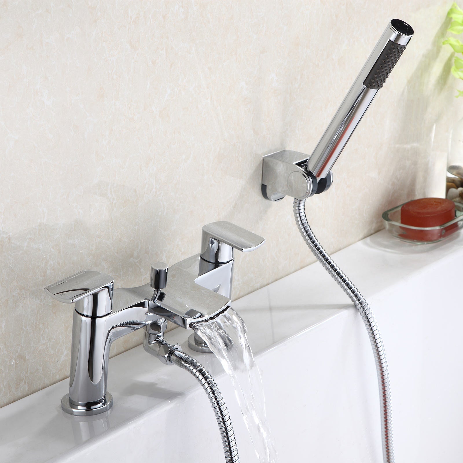 Centa Contemporary Chrome Basin Sink Mixer Tap And Bath Shower Mixer Tap With Pencil Handset Kit