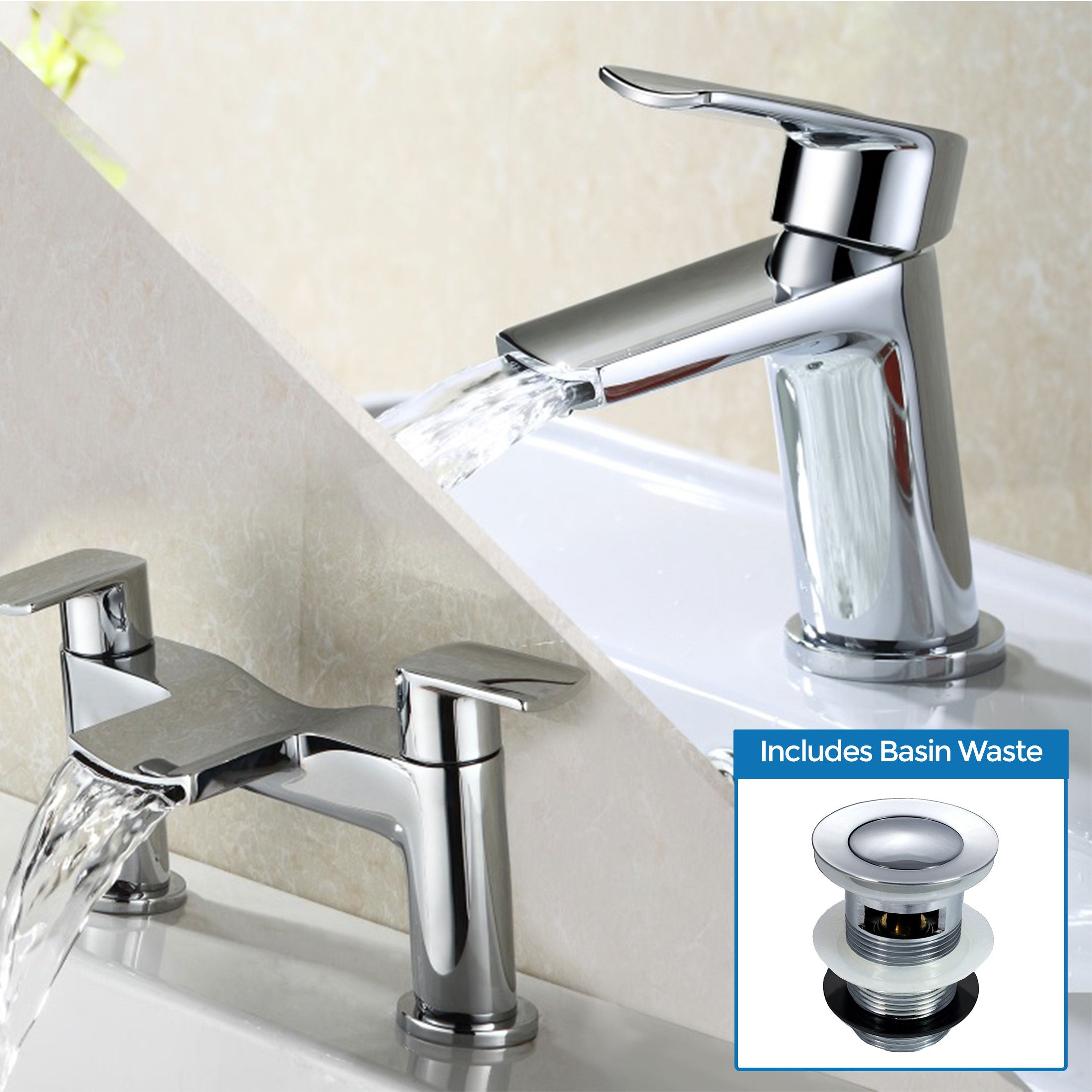 Centa Modern Waterfall Basin Single Lever Mixer Tap & Bath Filler Tap