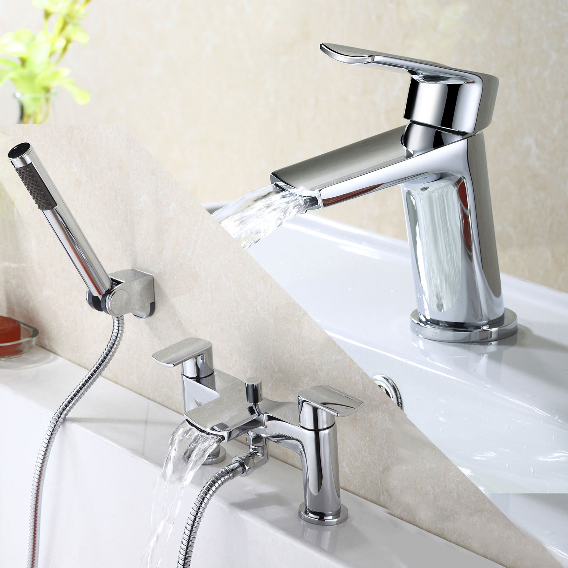 Centa Contemporary Chrome Basin Sink Mixer Tap And Bath Shower Mixer Tap With Pencil Handset Kit