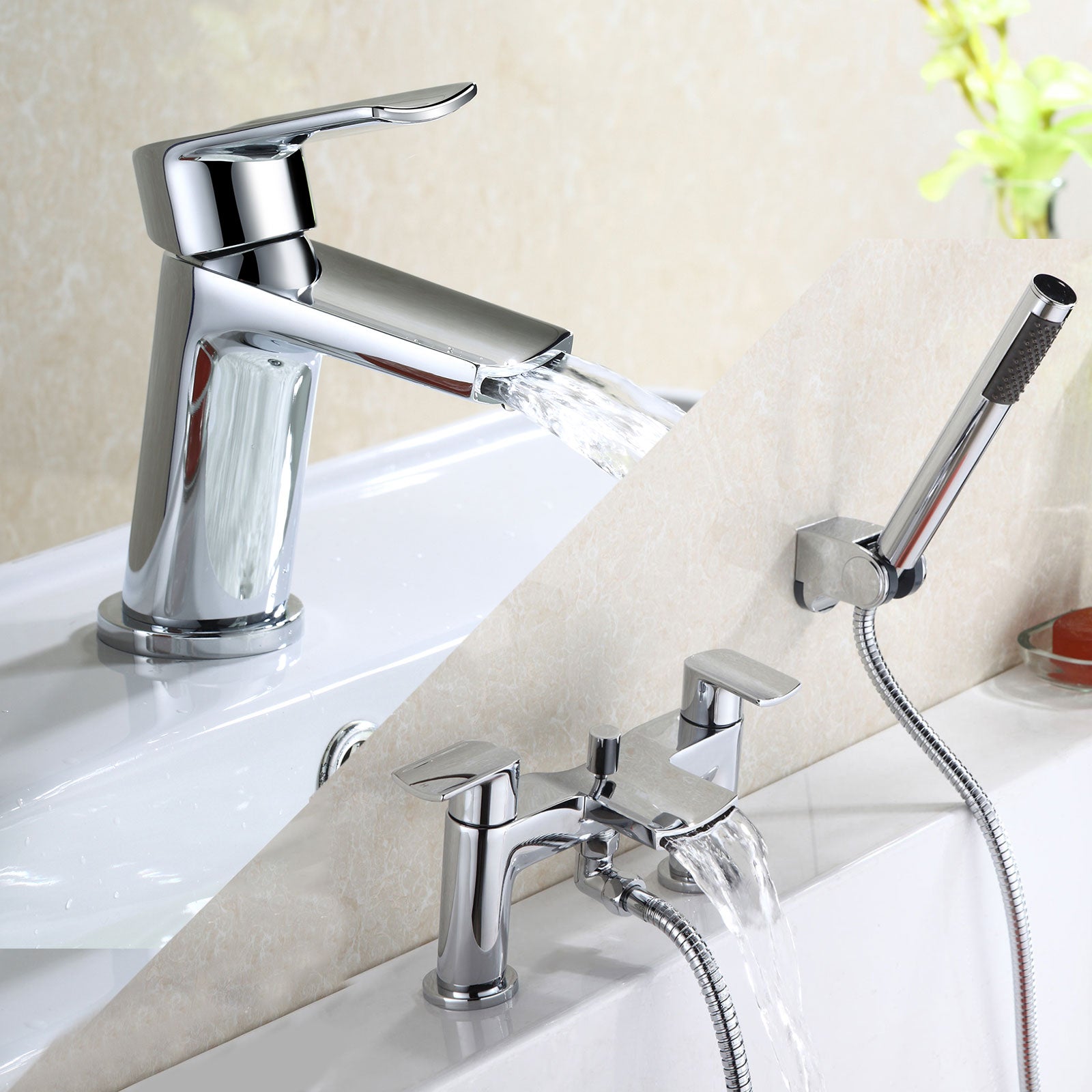 Centa Contemporary Set Of Bathroom Sink Mixer Tap And Bath Shower Mixer Tap + Free Basin Waste
