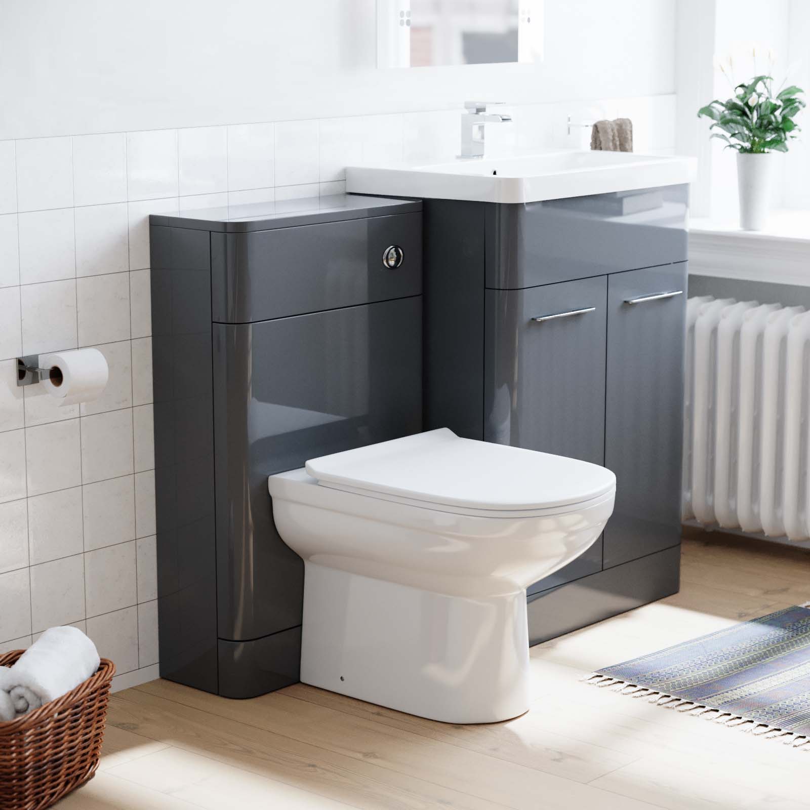 Lex 600mm Grey Flat Packed Vanity Unit, Basin & Eslo BTW Toilet With WC Unit