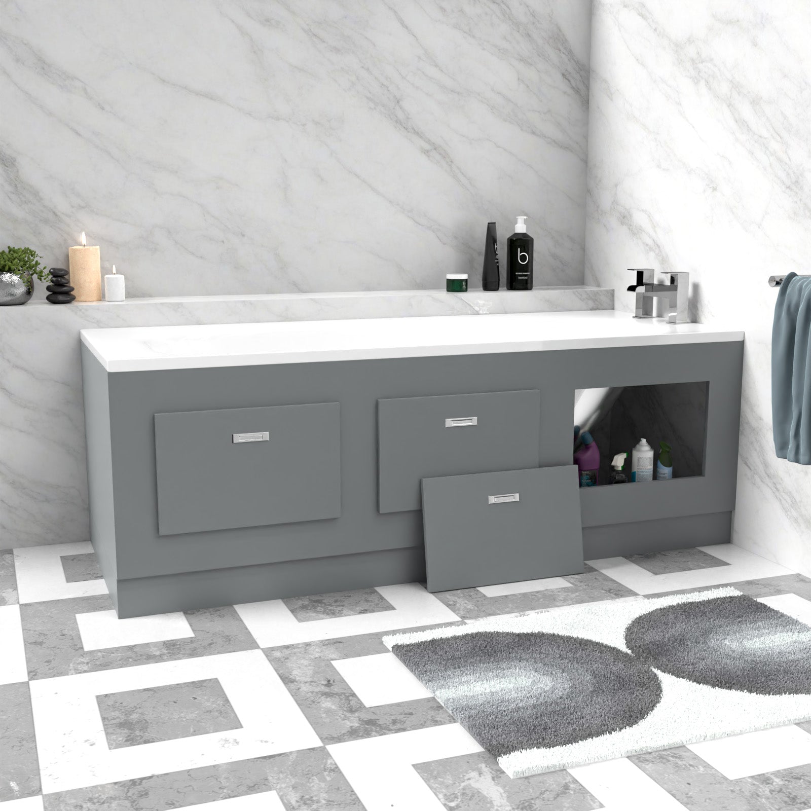 Matte Grey PVC 1800mm Front & End Bath Panels with Magnetic Door - Adjustable Height