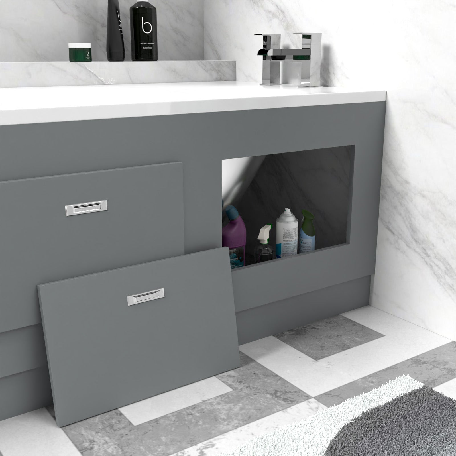 Matte Grey PVC 1800mm Front & End Bath Panels with Magnetic Door - Adjustable Height