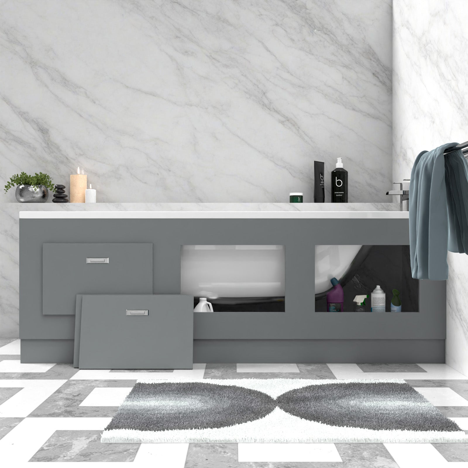 Matte Grey PVC 1800mm Front & End Bath Panels with Magnetic Door - Adjustable Height