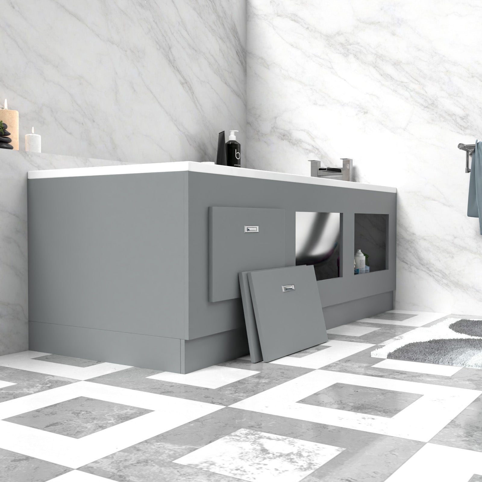 Matte Grey PVC 1800mm Front & End Bath Panels with Magnetic Door - Adjustable Height