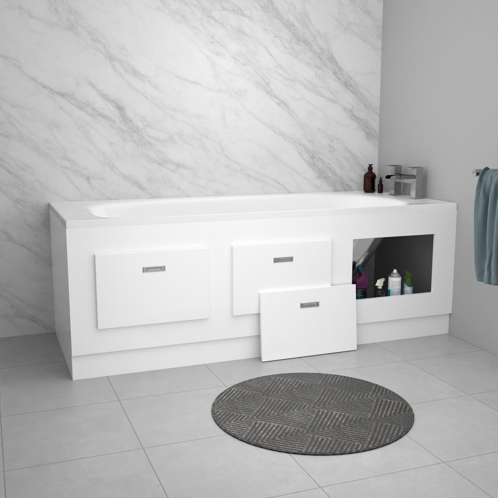 White PVC 1800mm Front & End Bath Panels with Magnetic Door - Adjustable Height