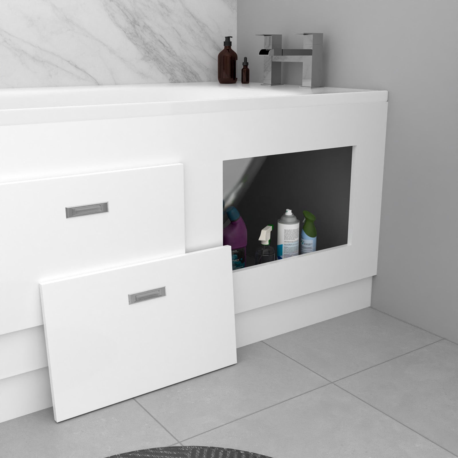 White PVC 1800mm Front & End Bath Panels with Magnetic Door - Adjustable Height