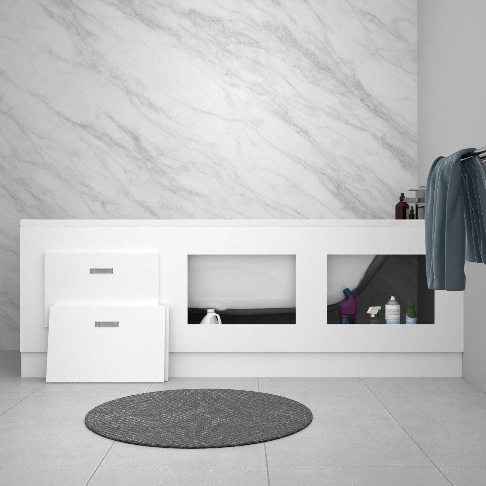 White PVC 1800mm Front & End Bath Panels with Magnetic Door - Adjustable Height